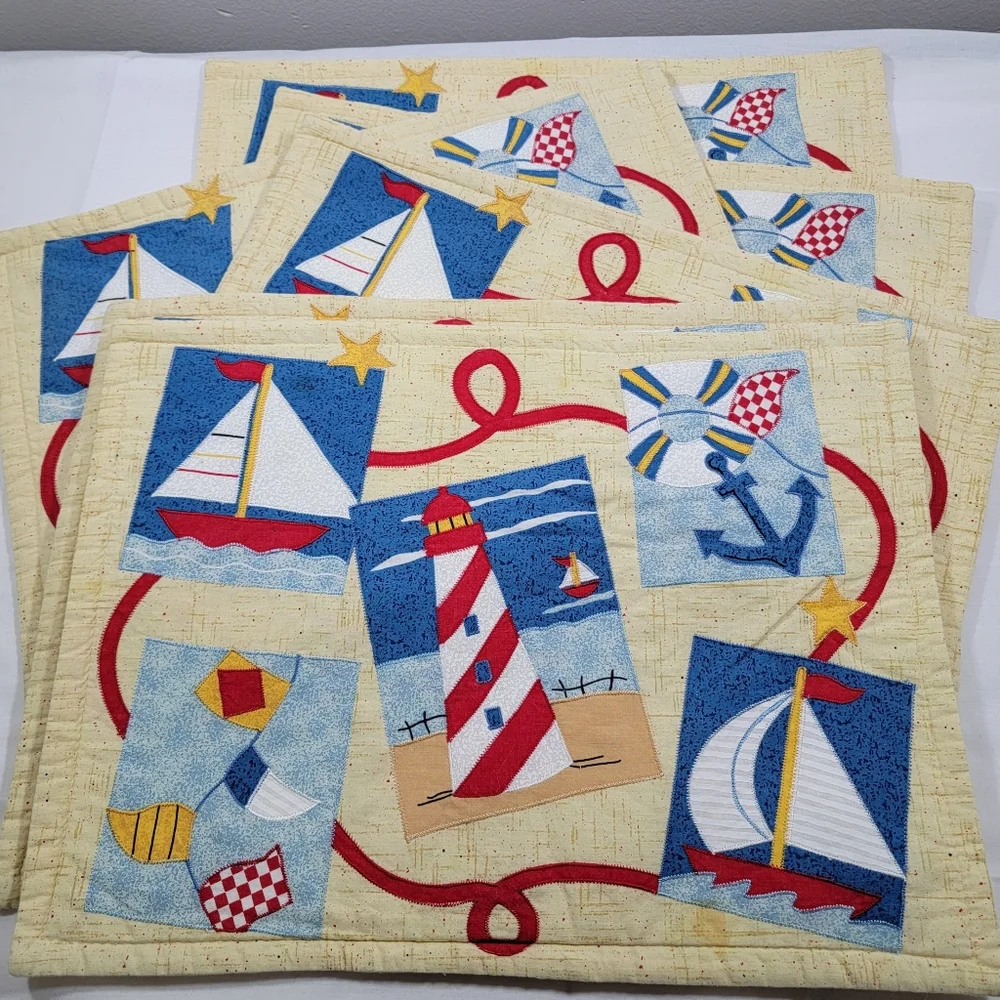 6 Cloth Quilted  Nautical Placemats Lighthouse Anchor Flag 12